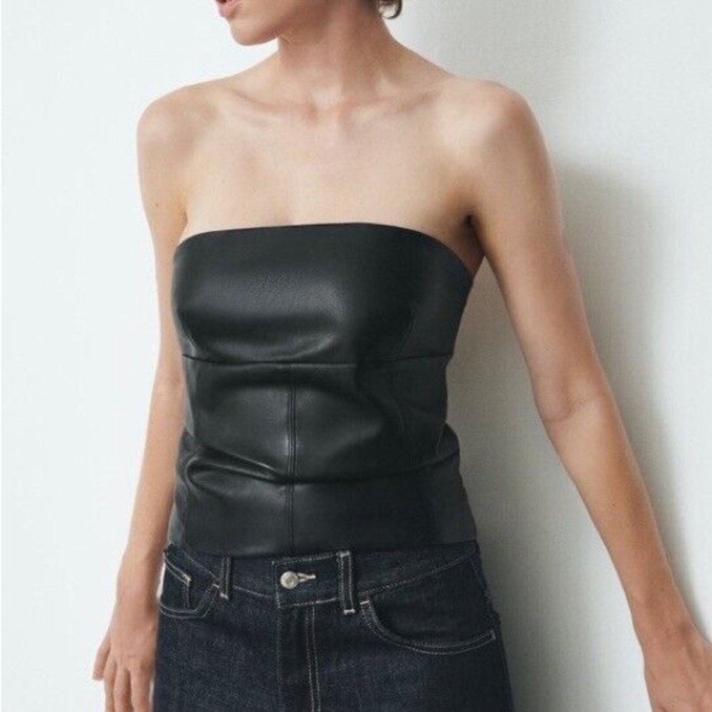Zara Black Faux Leather Strapless Top Size M